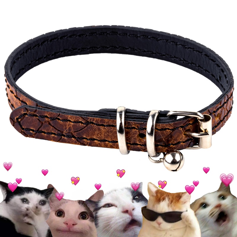 FAVPET Luxury cat collars leather, handmade cat collar with bell, genuine leather cat collar with metal buckle, designer cat collar made of leather, cat collar with bell (brown) brown