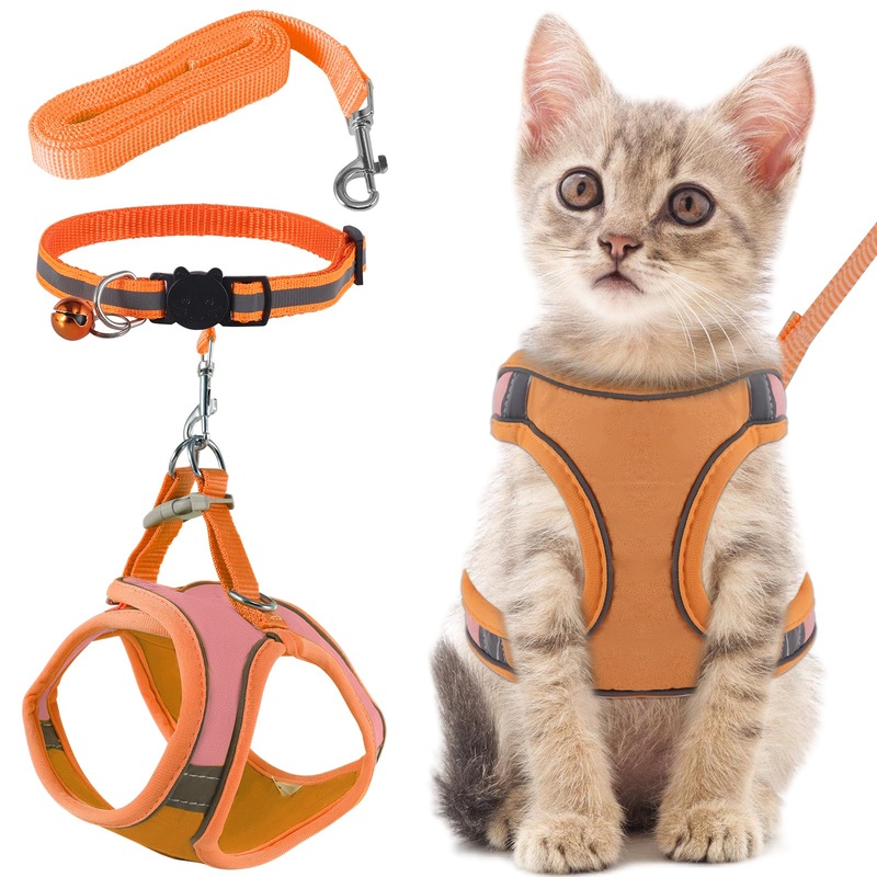 FIHODONE Cat harness with cat leash, cat collar, cat harness with leash, escape-proof, cat harness, adjustable, cat leash with harness for cats, orange with reflective strips (L, orange) L