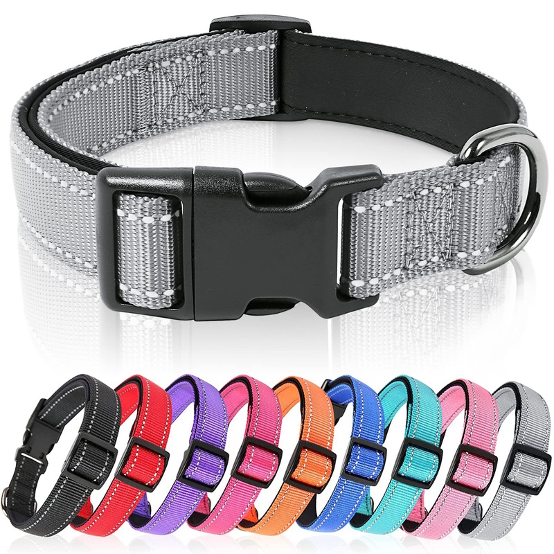 HEELE Dog Collar, Soft Padded Neoprene Nylon Dog Collar for Puppies Small Medium Large Dogs, Adjustable and Reflective Collar Dog for Training, Grey, MM: Length 34-52 cm (Pack of 1)
