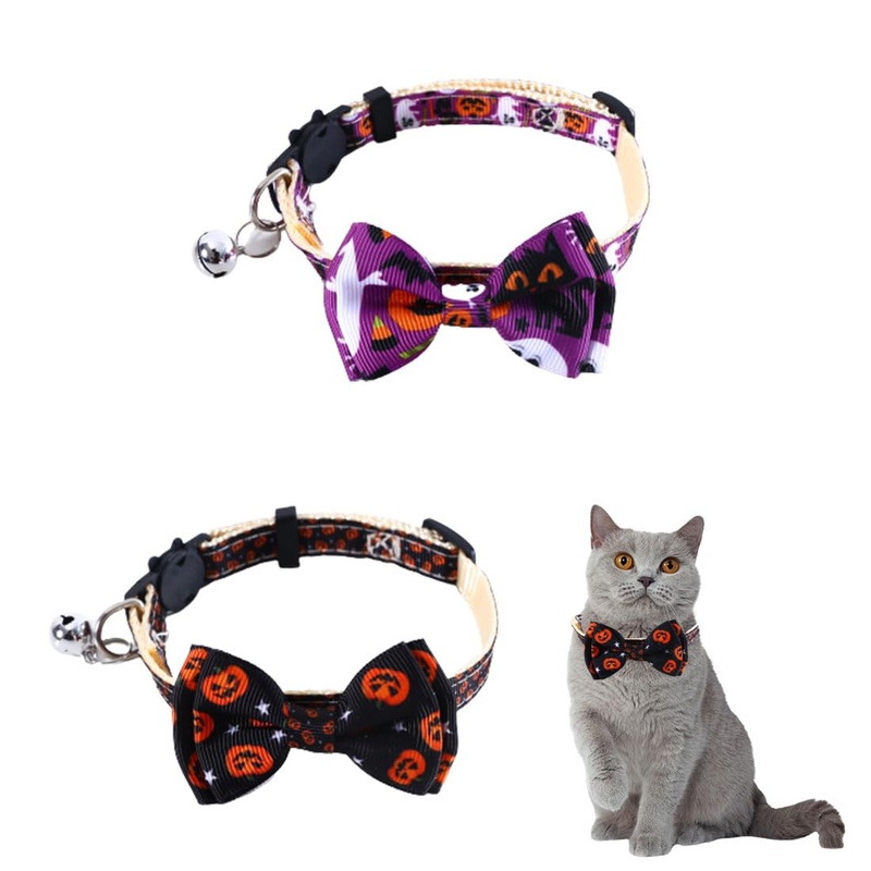 KGDUYC Cat Collars, Pet Collar Halloween Series Webbing Cat Collar Bow Cat Collar with Bell (Pack of 2)