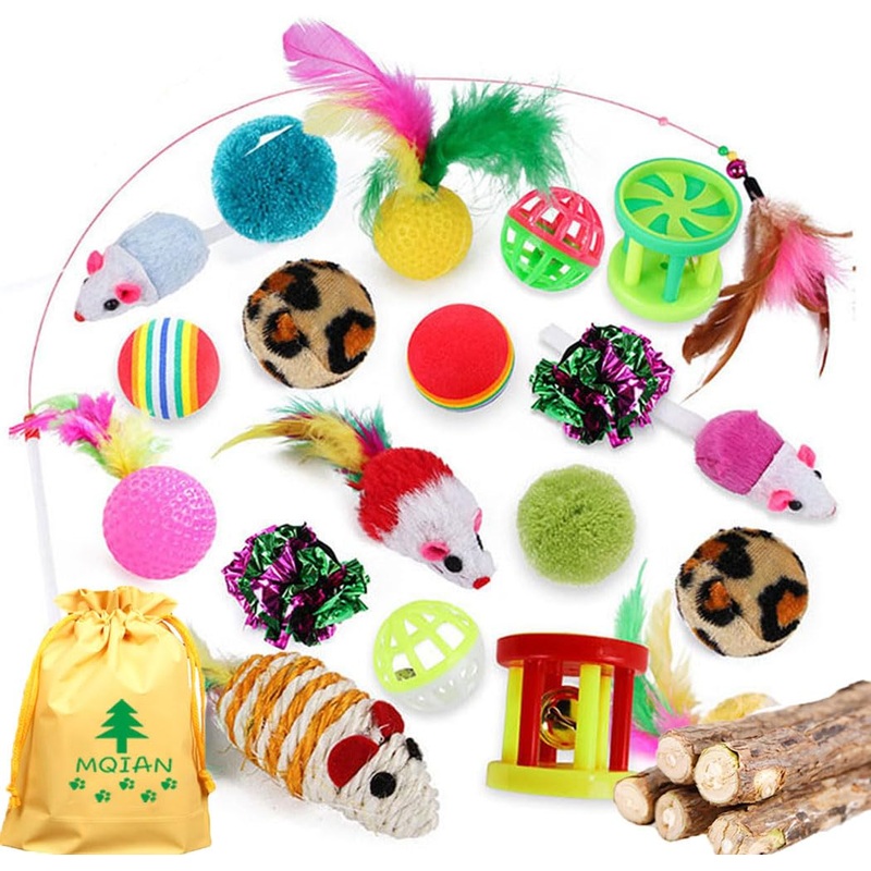 MQIAN 25 pieces cat toy set, kitten mouse toy set, cat toy ball with feather, cat toy variety cat toy pack 25 pieces