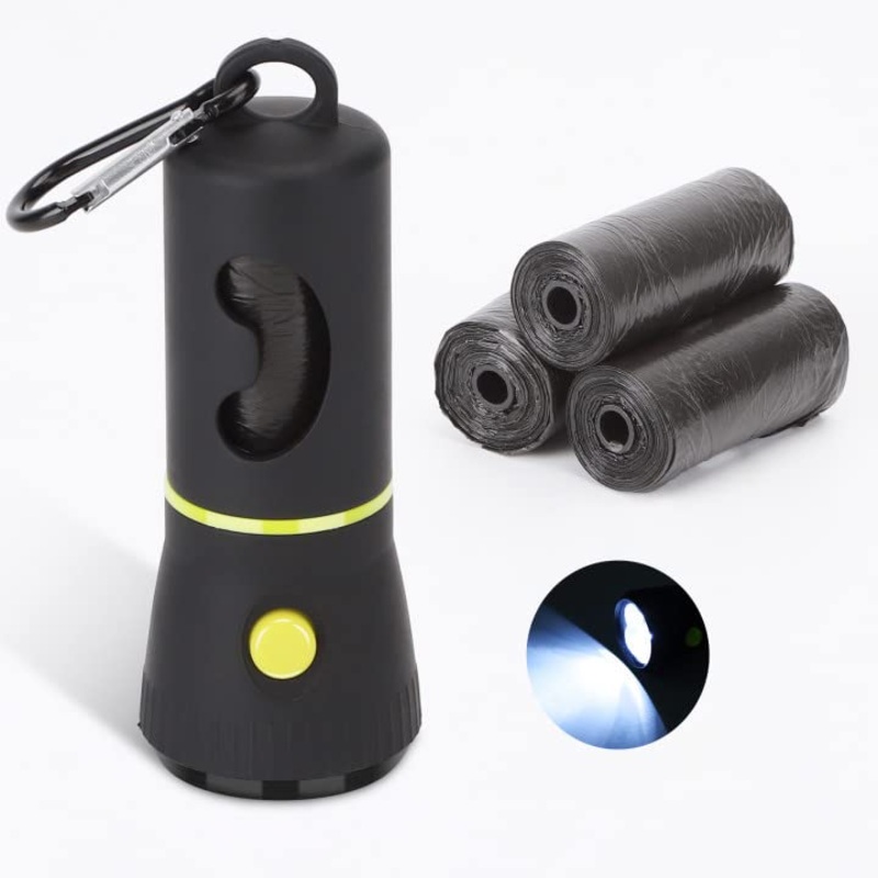 Nobleza Dog Poop Bag Dispenser with LED Flashlight and Carabiner Hook, Dog Poop Bag Dispenser for Leash with 3 Rolls Biodegradable Dog Poop Bags (1 Piece, Black)