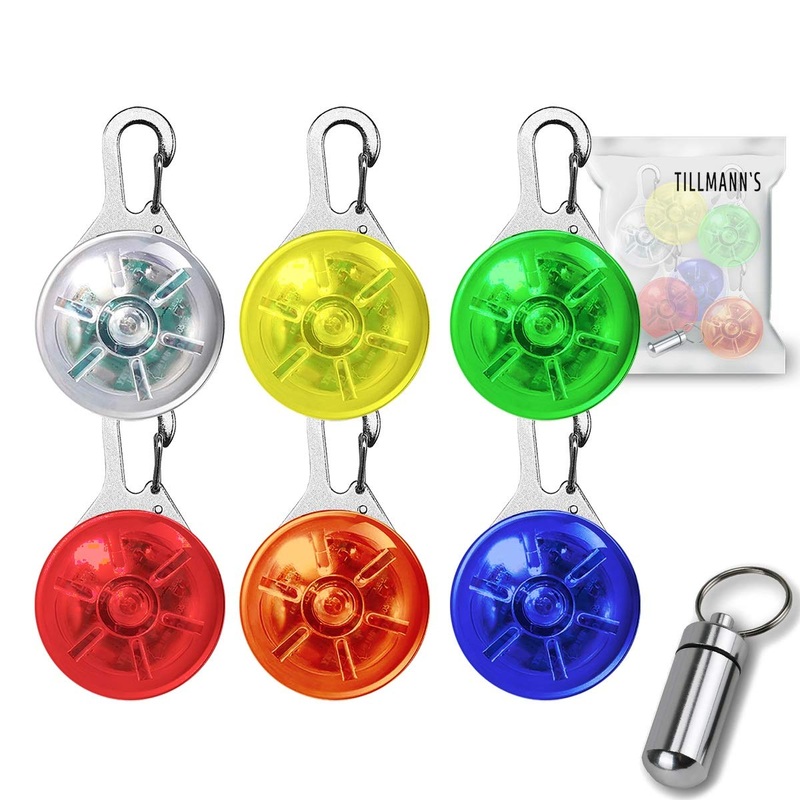 O light pendant, 6 pieces, safety clip with 3 light modes, flashing light for school bags, children, dogs, cats, joggers, campers, address tag for free