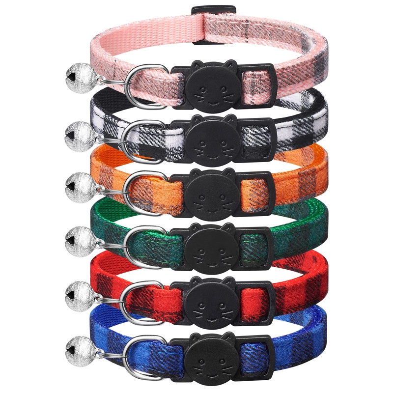 Pack of 6 classic checked cat collars with safety clasp, adjustable 18-30 cm collar cat, cat collars for girls boys, personalized pet accessories 18 cm-30 cm