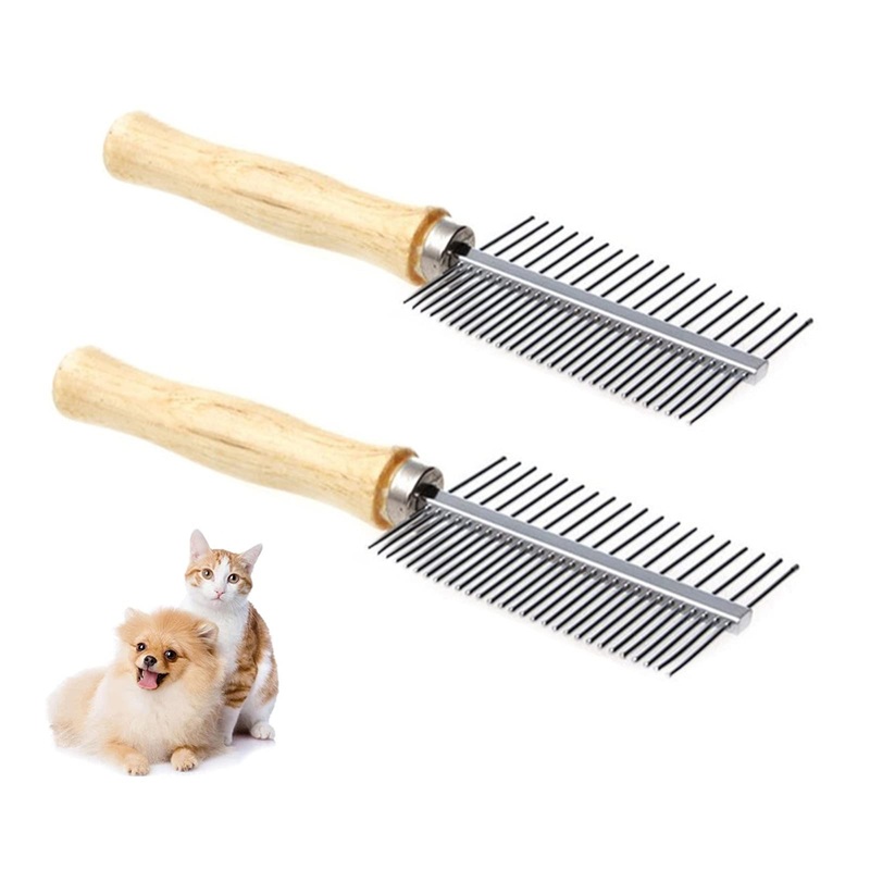 Pet Grooming Comb, 2 Pieces Stainless Steel Double Sided Cat Dog Comb Hair Brush Kitten Puppy Flea Comb with Wooden Handle
