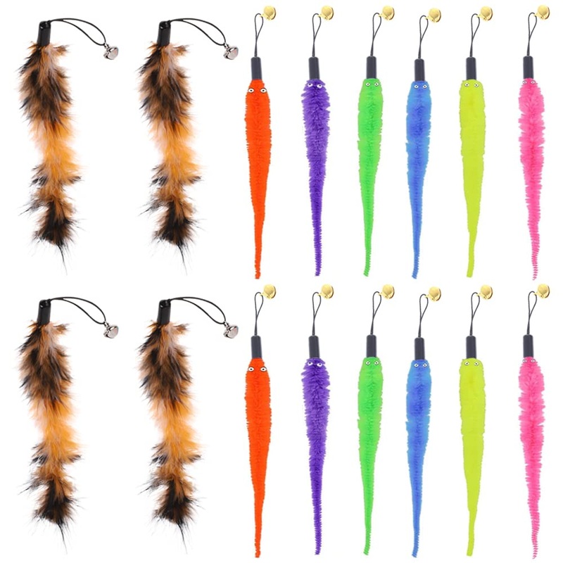 Pilikoll Pack of 12 Cat Toys Worm & 4 Pieces Cat Toys Toys with Feathers Cat Worm Teaser Toys with Bells Cat String Toys Pet Toys for Cats Kitten Training
