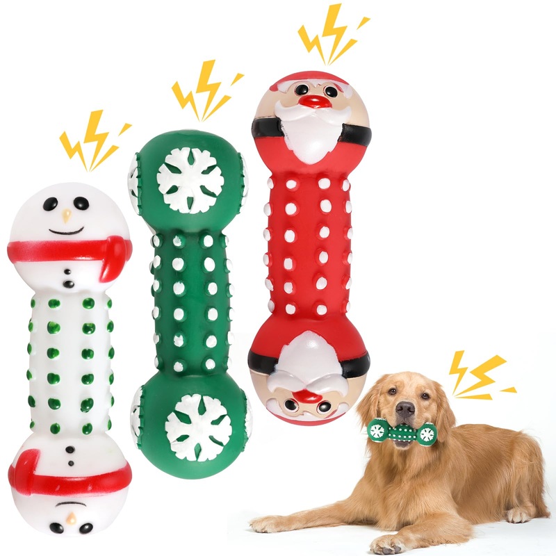 QKURT Pack of 3 Christmas Squeaky Dog Toys, Christmas Dog Chew Toy, Puppy Teeth Cleaning Chew Toy, Pet Interactive Latex Dog Toy for Puppies, Small and Medium Dogs