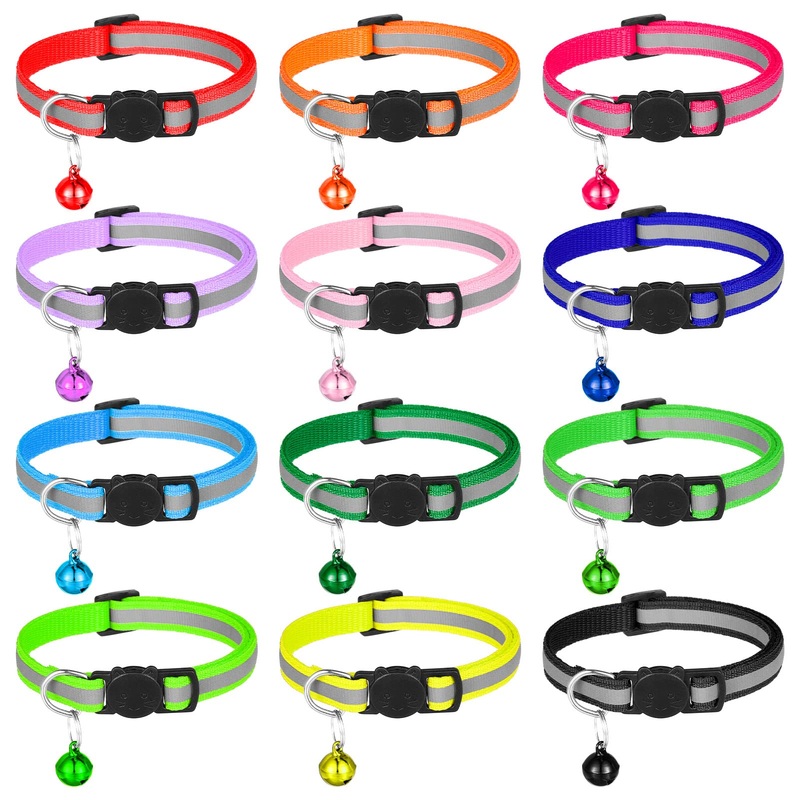 tonyg-p Cat Collar Reflective Pack of 12 Adjustable Cat Collars with Bell and Safety Clasp 19-32cm for all Domestic Cats