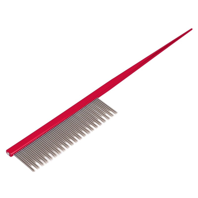 01 02 015 Pet hair comb, gentle static free, comfortable handle, effective dog comb with long and short stainless steel teeth for long-haired, short-haired dogs and cats, red