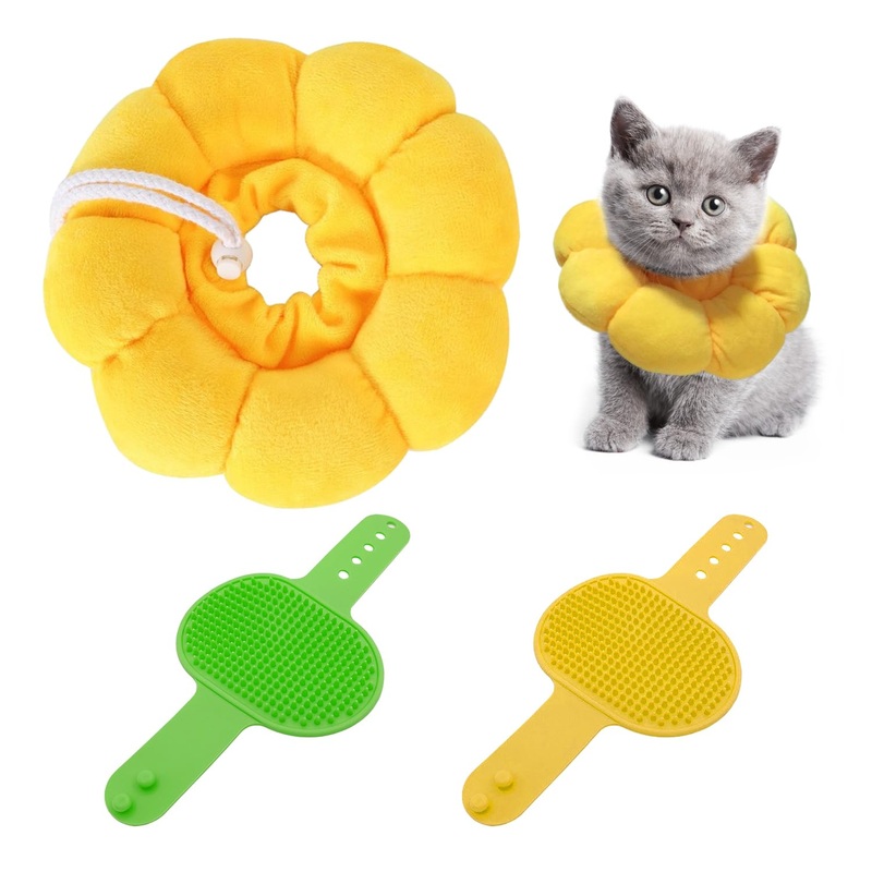 1 Piece Sunflower Collar with 2 Pieces Silicone Bath Brush, Adjustable Collar, Cat Surgery Recovery Collar, Soft Pet Collar