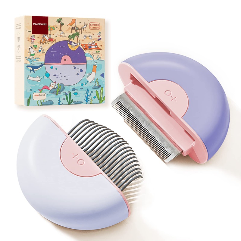 2 in 1 cat brush dog brush pet self-cleaning fur brush, removes tangles undercoat and relaxing massage, cat comb especially suitable for long hair purple & pink