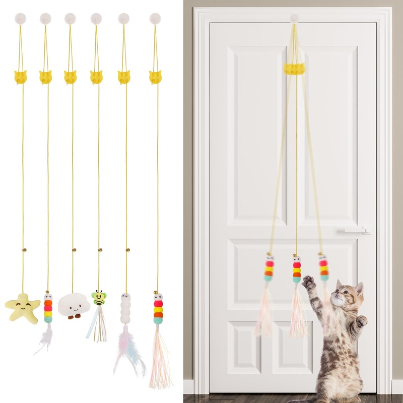 Bestomrogh Pack of 6 Cat Toys Self-Employment Hanging Door Frames, Adjustable Teaser Toy, Interactive Toy with Bell for Indoor Kitten Chase