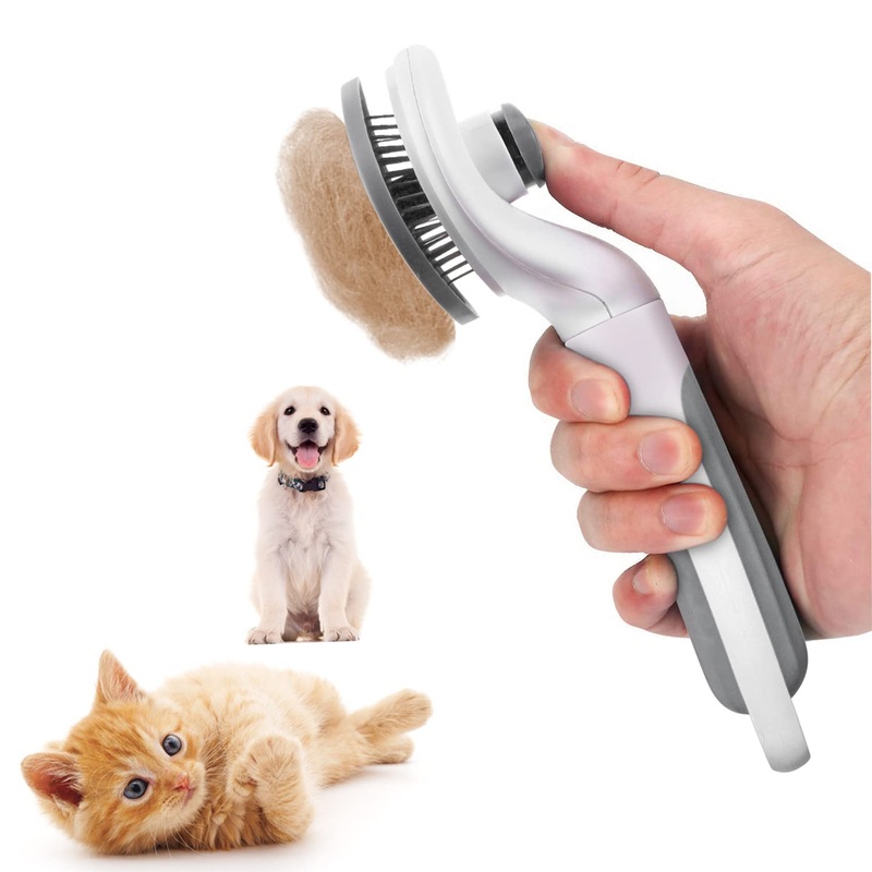 Cat brush, self-cleaning slicker brush for hair loss and grooming, removes loose undercoat, mats and matted hair, grooming comb brush for cats dogs massage self-cleaning (grey) grey