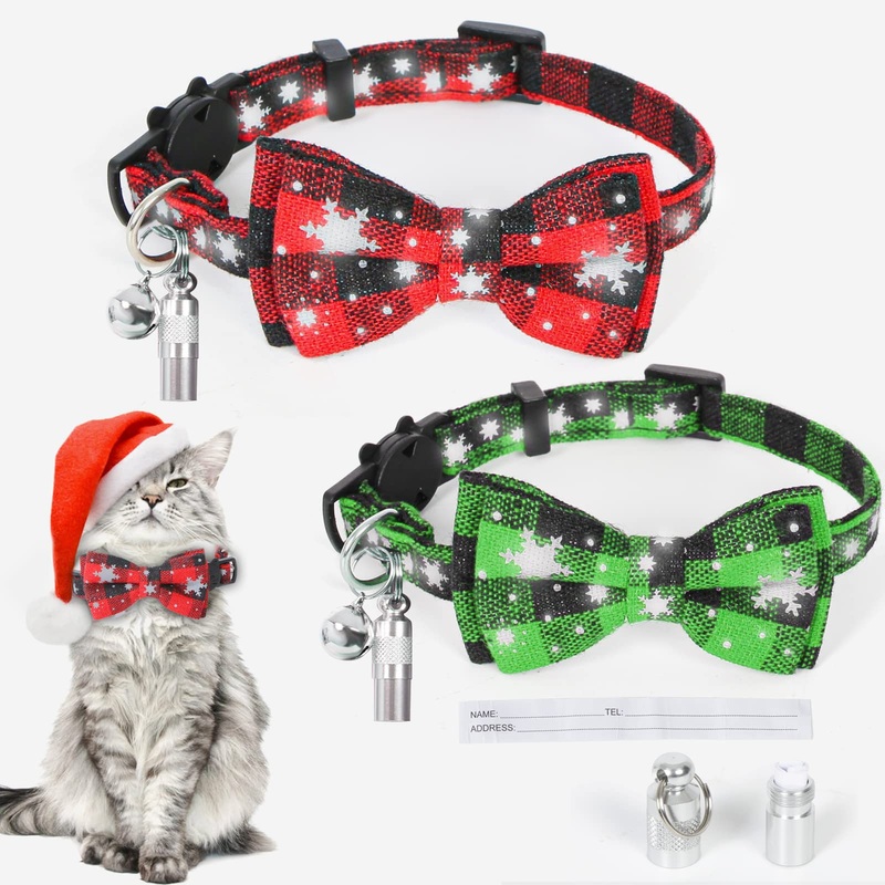 Christmas cat collar bow, 2 pieces, reflective snowflake collar, cat, dog, breakaway cat collar with bell, bow tie, safety clasp, adjustable 18-30 cm for kittens, puppies