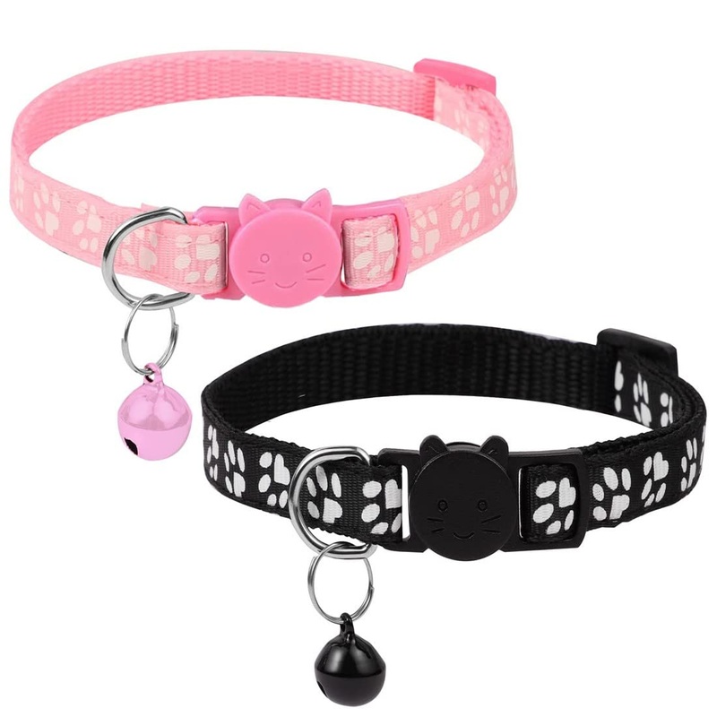 Clyhon reflective cat collar with safety clasp and bell, 2-piece adjustable collar cat kitten, 19-32cm black, pink