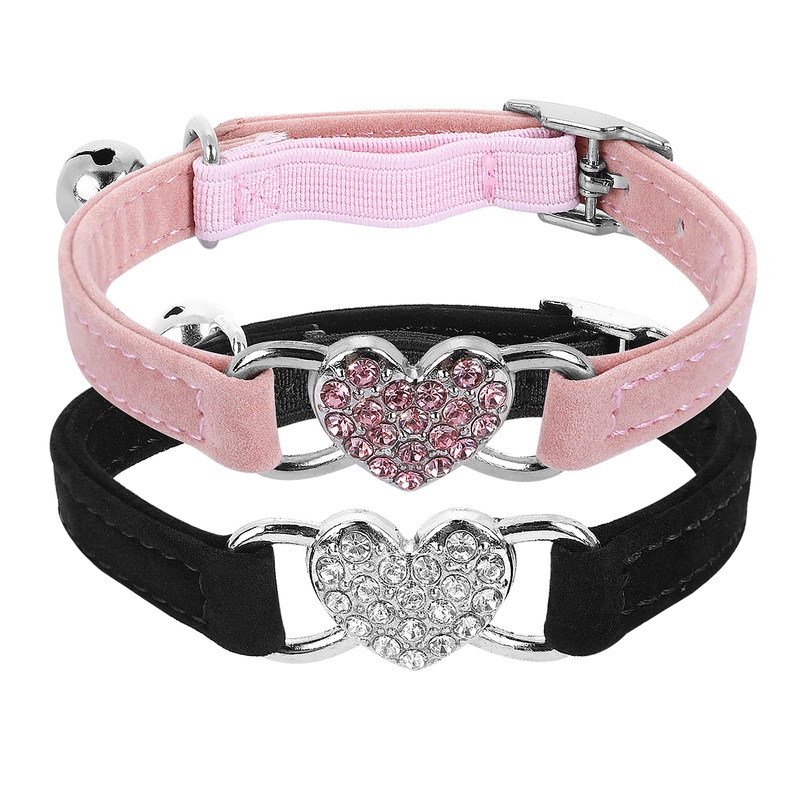 cobee Bling Heart Cat Collar with Bell, Adjustable Kitten Collar with Safety Belt, Rhinestone Pet Collar for Small Cats and Dogs (Pink) (Black+Pink) Black+Pink