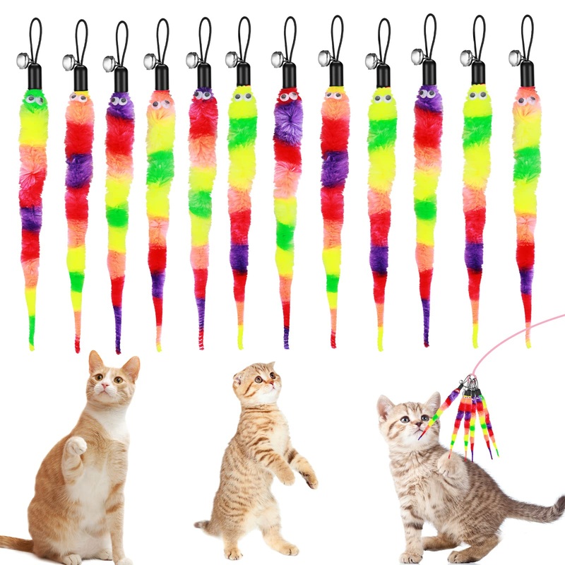 Cobee Cat Toy Worms, Pack of 12 Cat Rainbow Worm Toy Refills Funny Interactive Colorful Fluffy with Bell Cat Chaser Toy Kitten Wand Replacement Toy