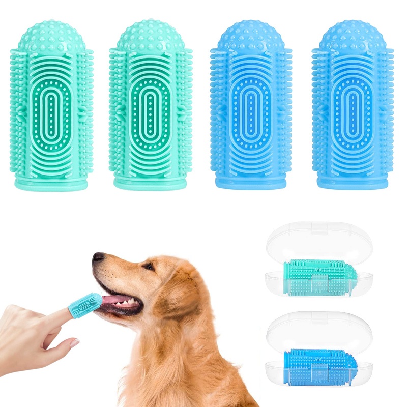Dog toothbrush dog finger toothbrush 4 pieces for dogs (2blue + 2green) 2blue + 2green