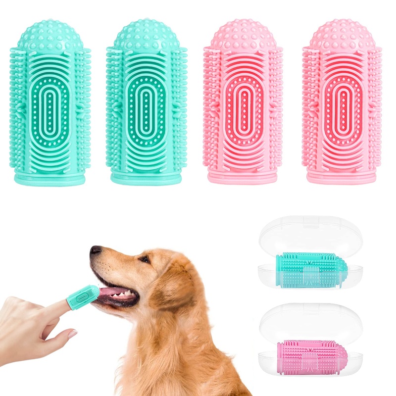 Dog Toothbrush Dog Finger Toothbrush Pack of 4 for Dogs, Cats, Puppies Dental Care & Fresh Breathing, Silicone, Fully Surrounded Bristles, Dog Toothbrush, Reusable with Storage Box 2 Green + 2 Pink