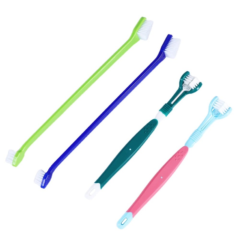 Dog Toothbrush, Pack of 4 Pet Toothbrushes, 2 Triple Head Dog Toothbrushes and 2 Long Handle Dog Toothbrush, Pet Toothbrush for Dogs and Cats (Multi-Coloured)