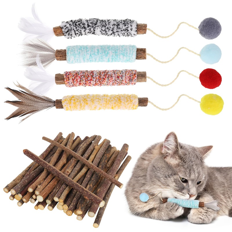 FANTESI Pack of 4 catnip sticks, 30 pieces of Matatabi cat toys, Matatabi cat sticks of feathers, pompoms for cats to play, bite, chew