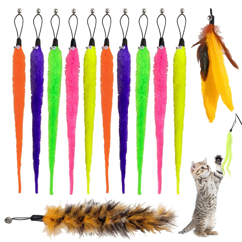 Grantop 12 pieces interactive cat toy with feathers, worm toy cat, cat toy feather, cat toy set for kittens and cats Caterpillar & Feather & Tail