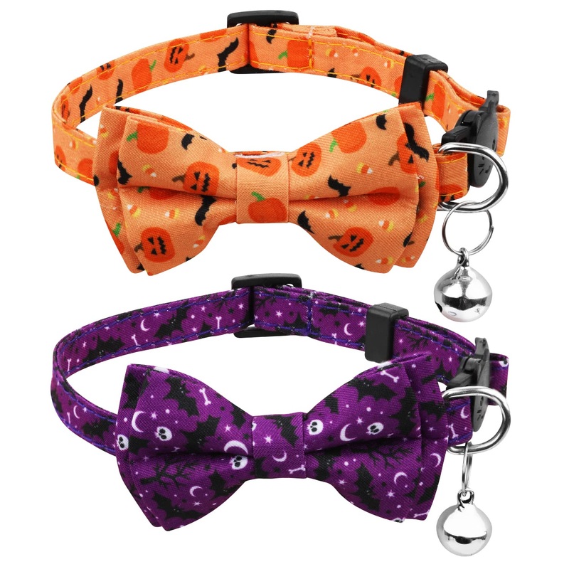 LUTER 2 Pieces Halloween Breakaway Cat Collars 28 x 1cm Set with Bell Removable Bow Tie Adjustable (Pumpkin, Skull)