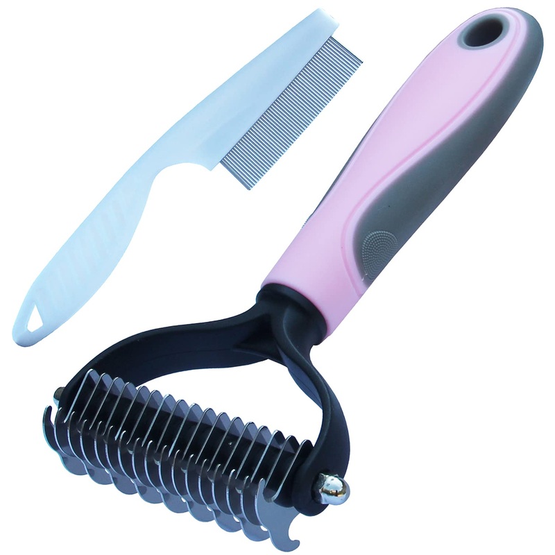 MMSGA Dog Hair Comb Stripper, Cat Dog Detangling Combs, Pet Grooming Tool, Double Sided Fur and Dematting Rake Comb for Dogs and Cats, Cat and Dog Flea Comb Set (Large, Pink) Large