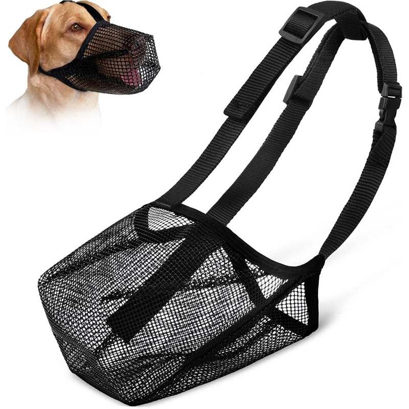 Muzzle for dogs, dog muzzle with rounded mesh, nylon net muzzle with safety straps for small, adjustable breathable mesh muzzle, pet mask, dog training muzzle (L, black)