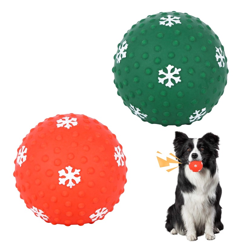 Pack of 2 Christmas Squeaky Latex Dog Toy Ball Christmas Rubber Squeaky Dog Chew Toy Interactive Squeaky Element for Pets, Throwing Toy for Small Medium Puppies