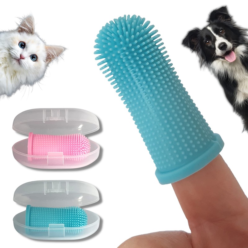 PawsOnly Finger Toothbrush Dog Cat | Set of 2 | Storage box | Silicone | Dental care | Teeth cleaning | Toothbrush for Dogs Cats Small | Dog toothbrush | Dog Toothbrush (Blue + Pink) Blue + Pink