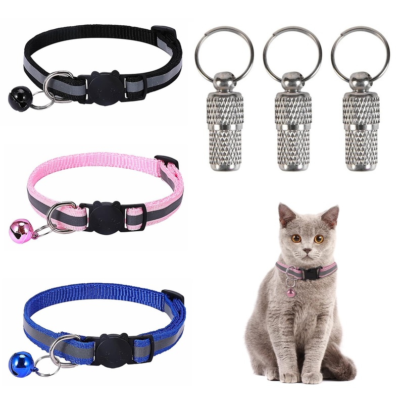 Reflective cat collar, adjustable address capsule, pack of 3 cat collars, reflective cat collar with safety clasp and bell, address tag for dogs, cats, cat collar