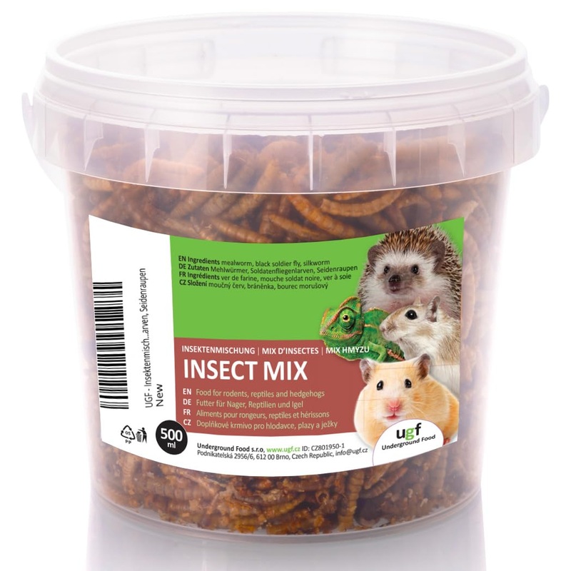 UGF – insect mix, 500 milliliter bucket, hedgehog food, gerbil food, hamster food, rat food, lizard food – mealworms, soldier fly larvae, silkworms