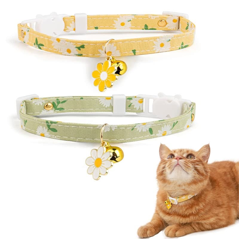 XIXKOLYU 2 Pack Cotton Breakaway Cat Collar with Bell, Yellow & Green Flowers Pendant Cute Cat Collar Kitten Collar, Ideal for Girl Cats Boy Cats Yellow + Green
