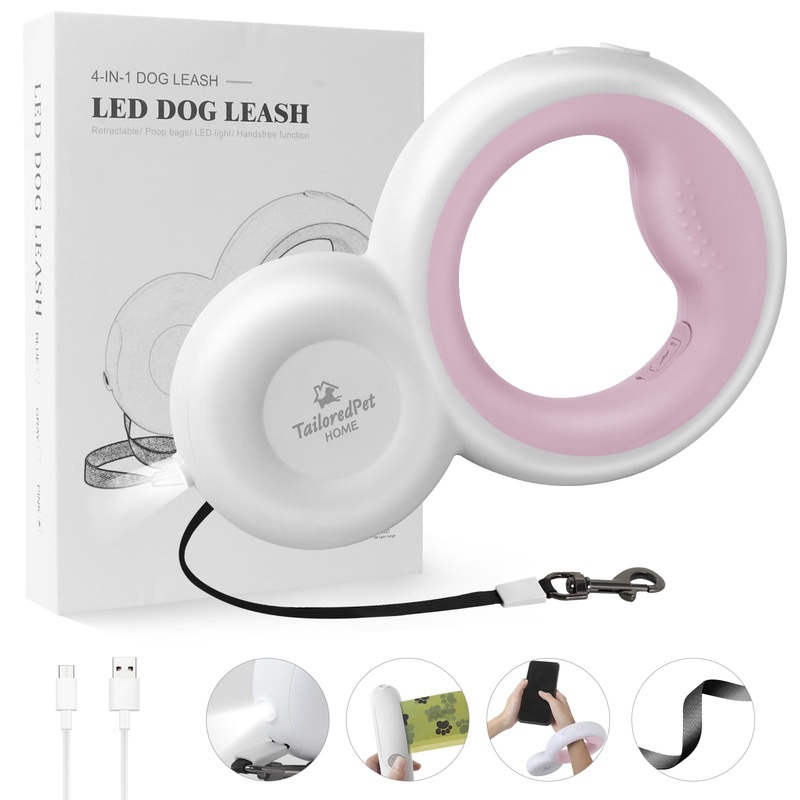 10ft Retractable Dog Leash for Small Breeds up to 60lbs, LED Light, Waste Bags, Non-Slip, Nylon, Hands-Free (Pink) Pink