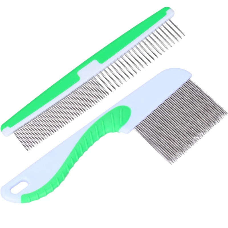 2 pieces dog comb stainless steel cat comb flea comb cat comb dog comb for dogs cats with short, medium, long hair (green)