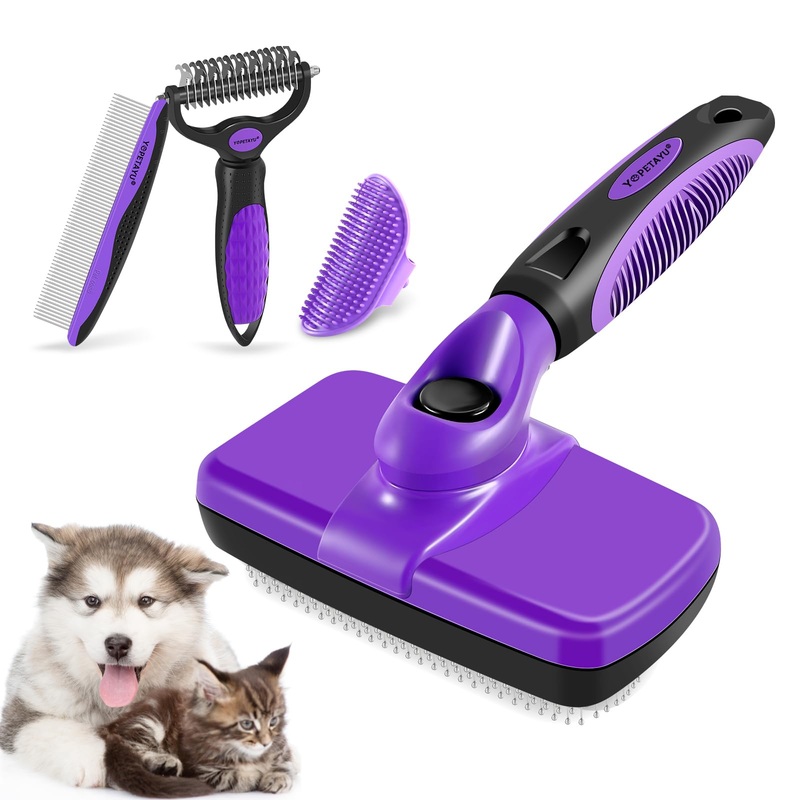 4 in 1 Pet Grooming Kit, Self Cleaning Slicker Brush for Dogs Cats & Small Animals, Dog Brush for Shedding Short Long Haired Dogs. Removes Loose Undercoat, Tangled Hair for Large Small Dogs Purple
