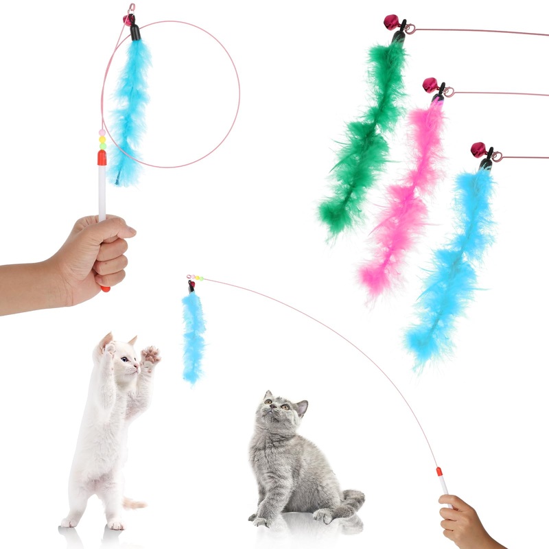Bewudy Pack of 3 Interactive Cat Toys, Intelligence Cat Toys, Cat Toys Feather with Bells, Cat Fishing Rod with Colorful Feathers for Small Large Cats