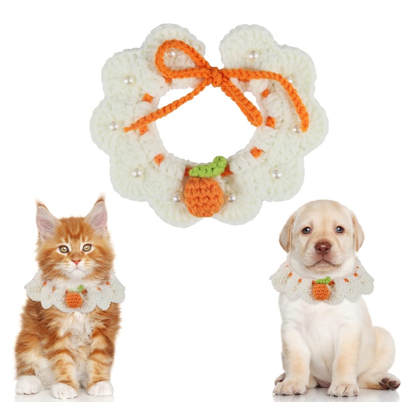 Cat Bib Knitted, FainFun 1 Piece Handmade Knitted Collar for Cat Small Dogs, Adjustable Pet Knitted Scarf, Knitted Tie with Small Oranges for Kittens M