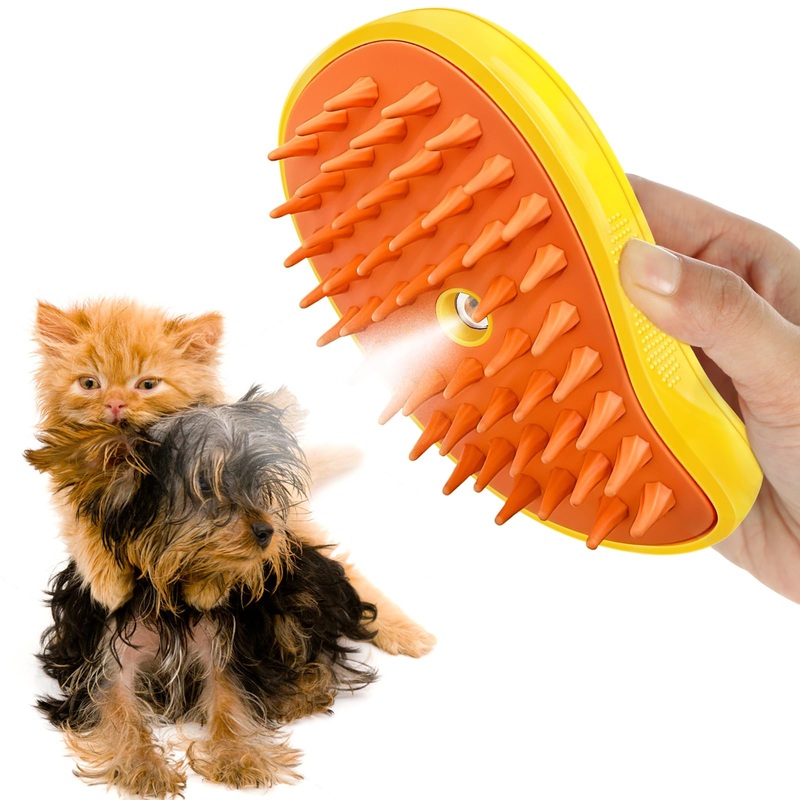 Cat Mist Brush, 3 in 1 Cat Comb for Massage, Self Cleaning Cat Brush with Water, Rechargeable Silicone Dog Steam Brush, Cat Bath Brush Eliminates Flying and Tangled Hair Cat Grooming Comb(Yellow) Yellow