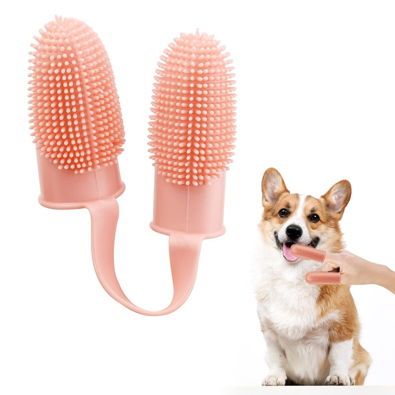 Dog Toothbrush Two Finger Toothbrush Puppy Dental Care Fresh Breathing Reusable Non-Toxic Dental Care Dog Pet Finger Toothbrush Plaque Off for Small Medium and Large Dogs (Pink) Pink