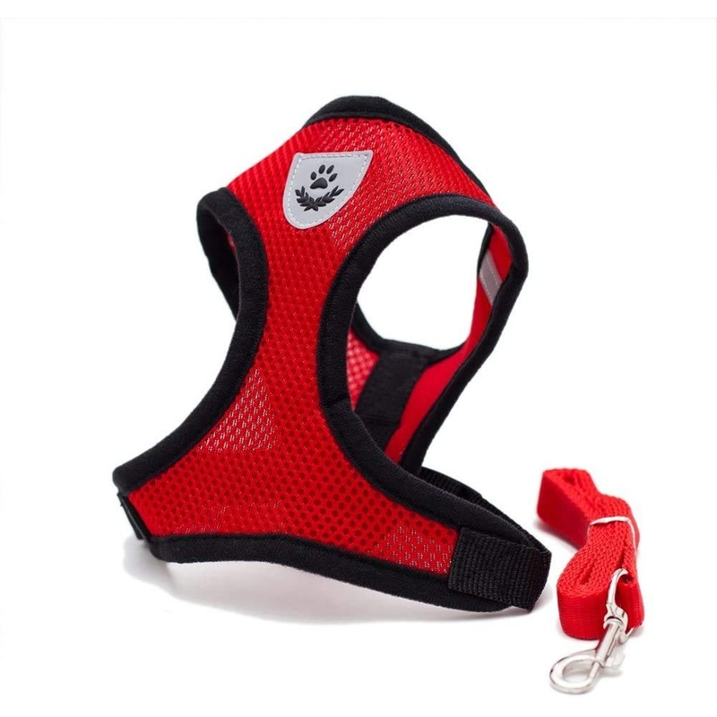 Locisne Mesh Fabric Dog Vest Harness Soft Adjustable Comfortable | Pet Lead Chest Walking Leash with Clip M Red