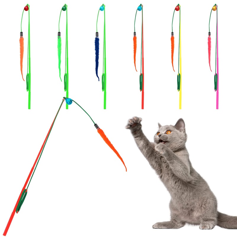 Molain Interactive Magic Wand Toy for Cats, 6 Pieces Assorted Furry Worm Cat Wand Toy Replacement Worm Refills with Bell Cat Worm Refill Chaser