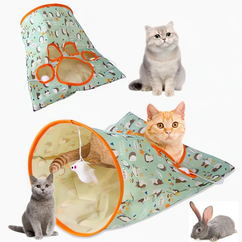 New Cat Tunnel Bags,Crinkle Bag Toy for Cats,Cat & Hamsters Play Tunnel Toy, Collapsible Cat Tunnels for Indoor Cats,Cat Drill Sleeping Bag with 3 Toy Balls 1 Mouse Toy,19.7″ x 17.5″ (Green) green