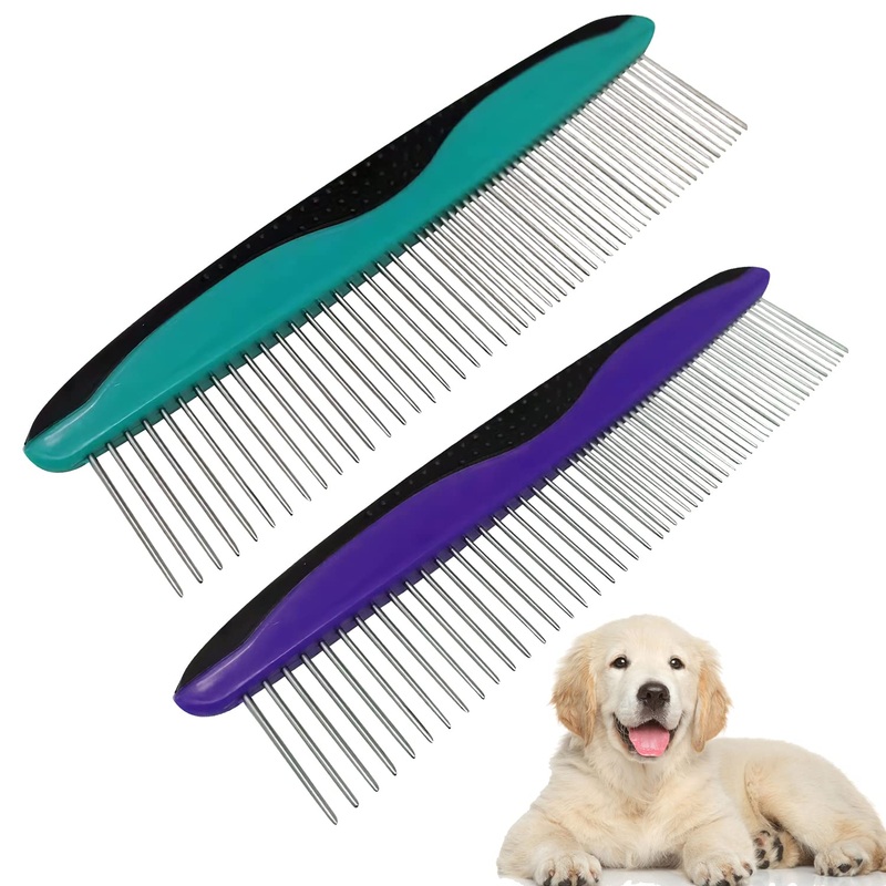 Pack of 2 stainless steel pet comb for dogs and cats, dog comb, cat comb, pet grooming comb for removing tangles and knots, rounded teeth dog comb for grooming dogs, cats