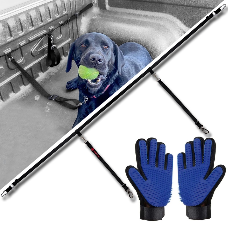 Pudello Way Two Dog Truck Bed Cross Tether – Canine Tie Down System – Adjustable Double Safety Leash for Car, SUV or Truck Bed for Dogs – Includes Pair of Pet Grooming Gloves
