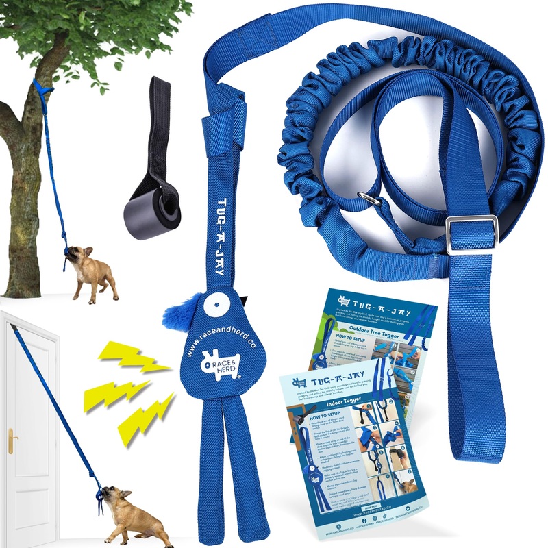 Race&Herd Tug-A-Jay – Dog Bungee Tug Toy, Tug of War Dog Toy Tree Tugger, Tether Tug of War | Adjustable 124″ Rope Dog Toys, Dog Boredom Buster Toys | Squeaky Dog Toys & Crinkle Dog Toy Interactive Exercise Play Rope Cord, Tether Tug