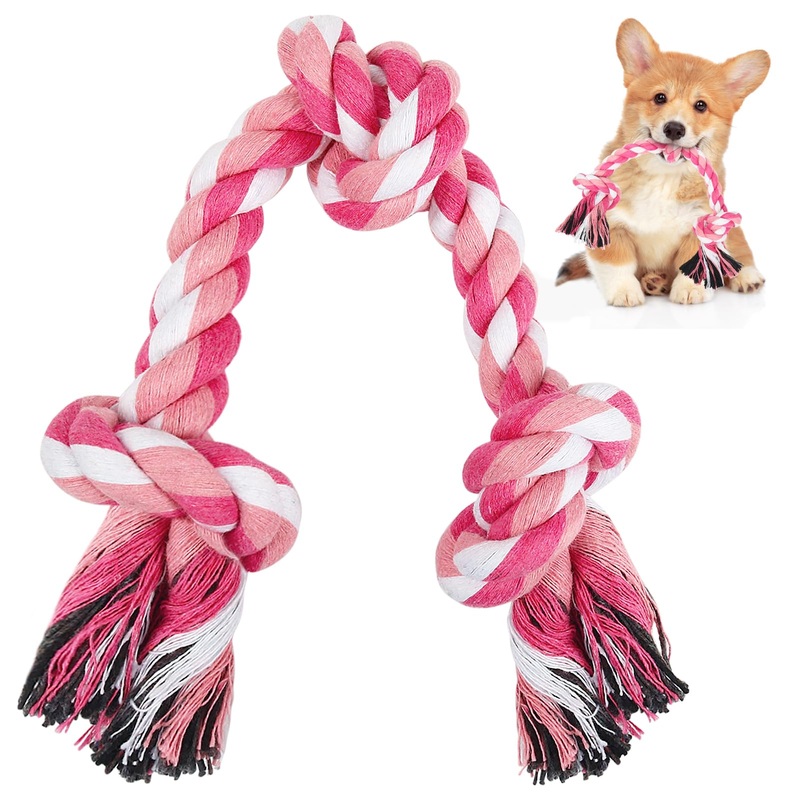 SZEE Dog Rope Toys, 3 Knots Chew Rope Toy for Medium and Small Dogs, Natural Cotton Dog Pull Rope for Tug of War and Teeth Cleaning (Pink) Pink