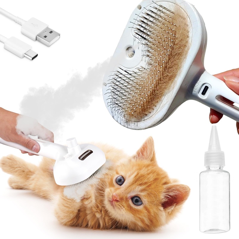 Vodolo Cat Steam Brush,3 in1 Rechargeable Steamy Cat Hair Brush Cleanser Vapor,Self Cleaning Electric Cat Brush Steamer for Long or Short Haired Cats, Cat Grooming Comb with USB Port Release Button Long Handle Cat Steamy Brush