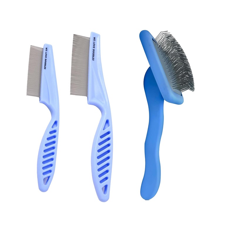We Love Doodles Large and Small Dog Face Grooming Comb and Large Slicker Brush Bundle – Tear Stain Remover For Dog Eye Boogers – Long Pin Brush For Dematting – Pet Eye Brush – Made in USA